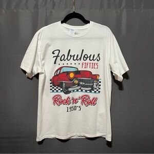 Fabulous Fifties T-Shirt Mens L White Cotton 50s Rock n Roll Retro Car Graphic